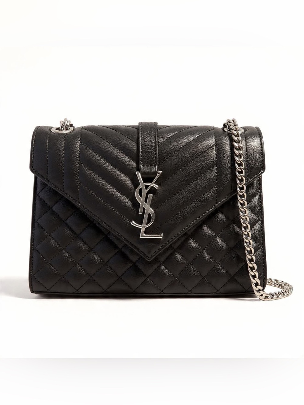 Saint Laurent Black Quilted Envelope Crossbody with Silver YSL Logo